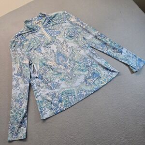 AceGolfs Womens Blue Green Paisley Quarter Zip Long Sleeve Pullover Top Large
